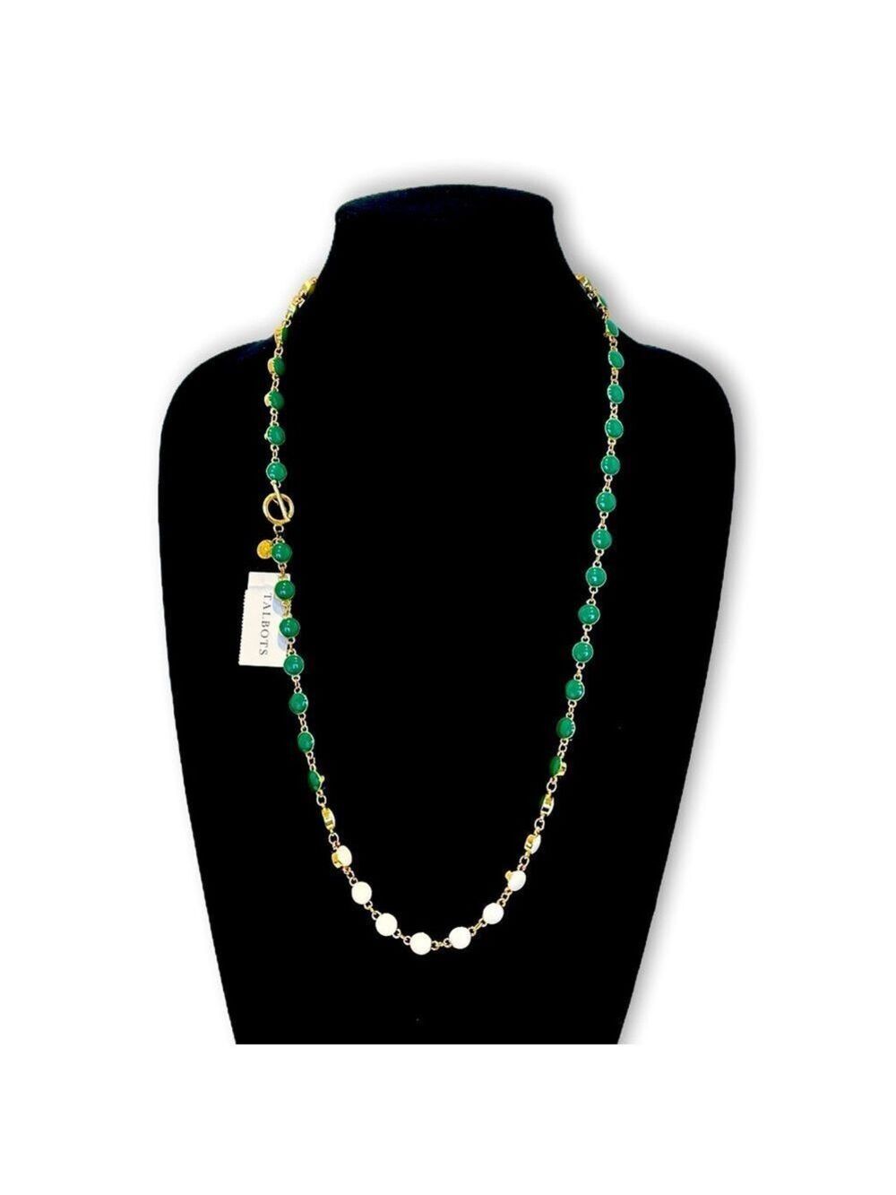 TALBOTS Gold Tone Reversible Green White Enamel Long Necklace NWT